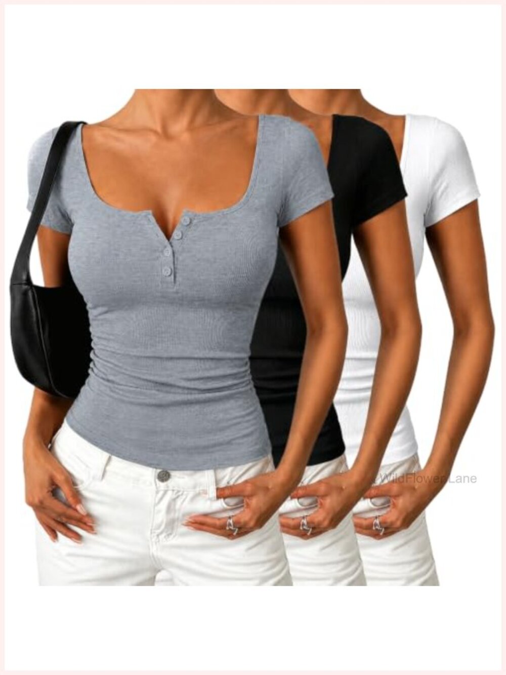 Womens Short Sleeve Henley Ribbed Slim Fitted Square Neck Tee Casual Top